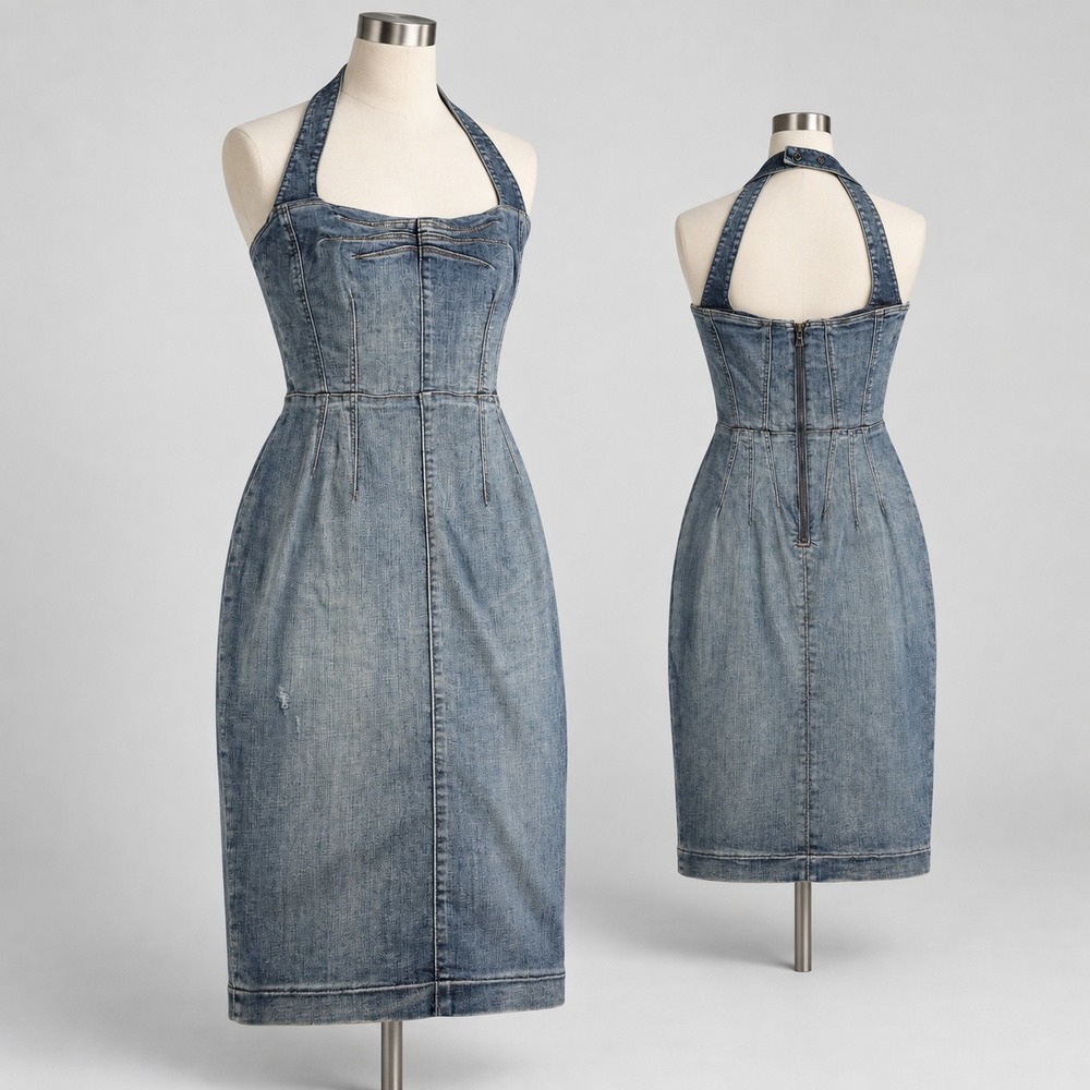 Guess Halter  Denim Bodycon  Dress Medium Wash Y2K Midi XS
